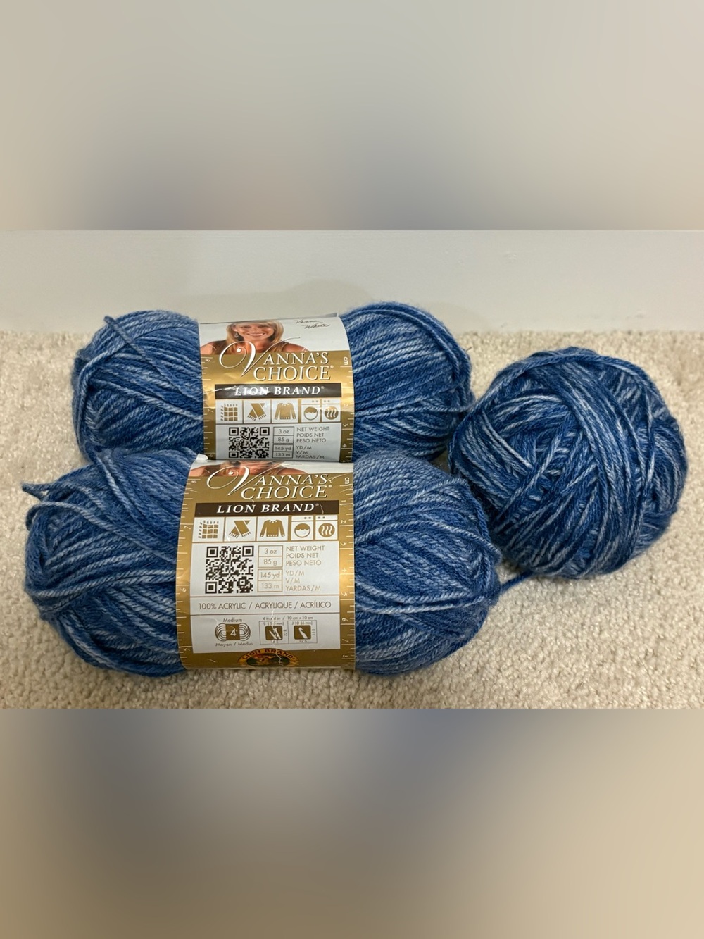 Vanna's Choice Lion Brand Acrylic Yarn, Size 4- 3 Skein Set (Denim Mist #300)